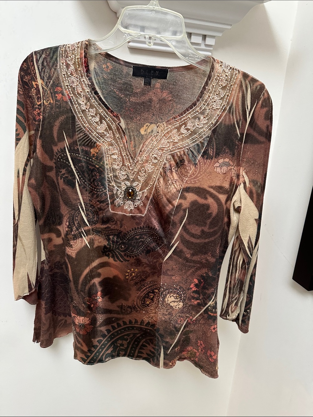 B.L.E.U. Brown Paisley Embellished Long Sleeve Tee